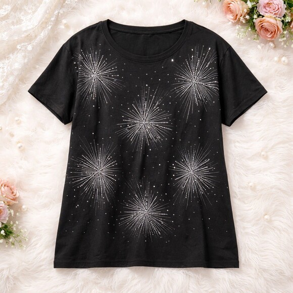 Unknown Tops - Fireworks tee Womens Black Rhinestone 4th of July Graphic Tee Shirt Size L  XL